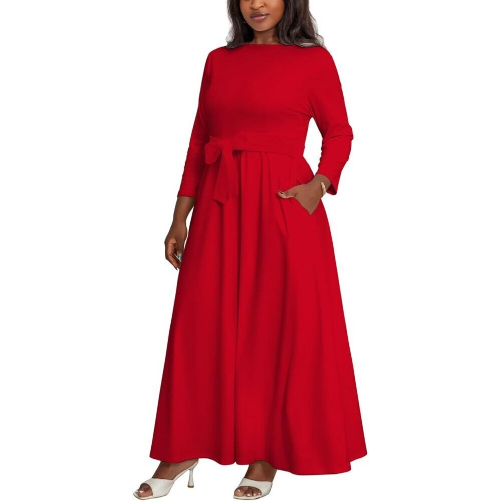 Plus Size Maxi Dress Flowy Long Sleeves Belt A-line for Curvy Women